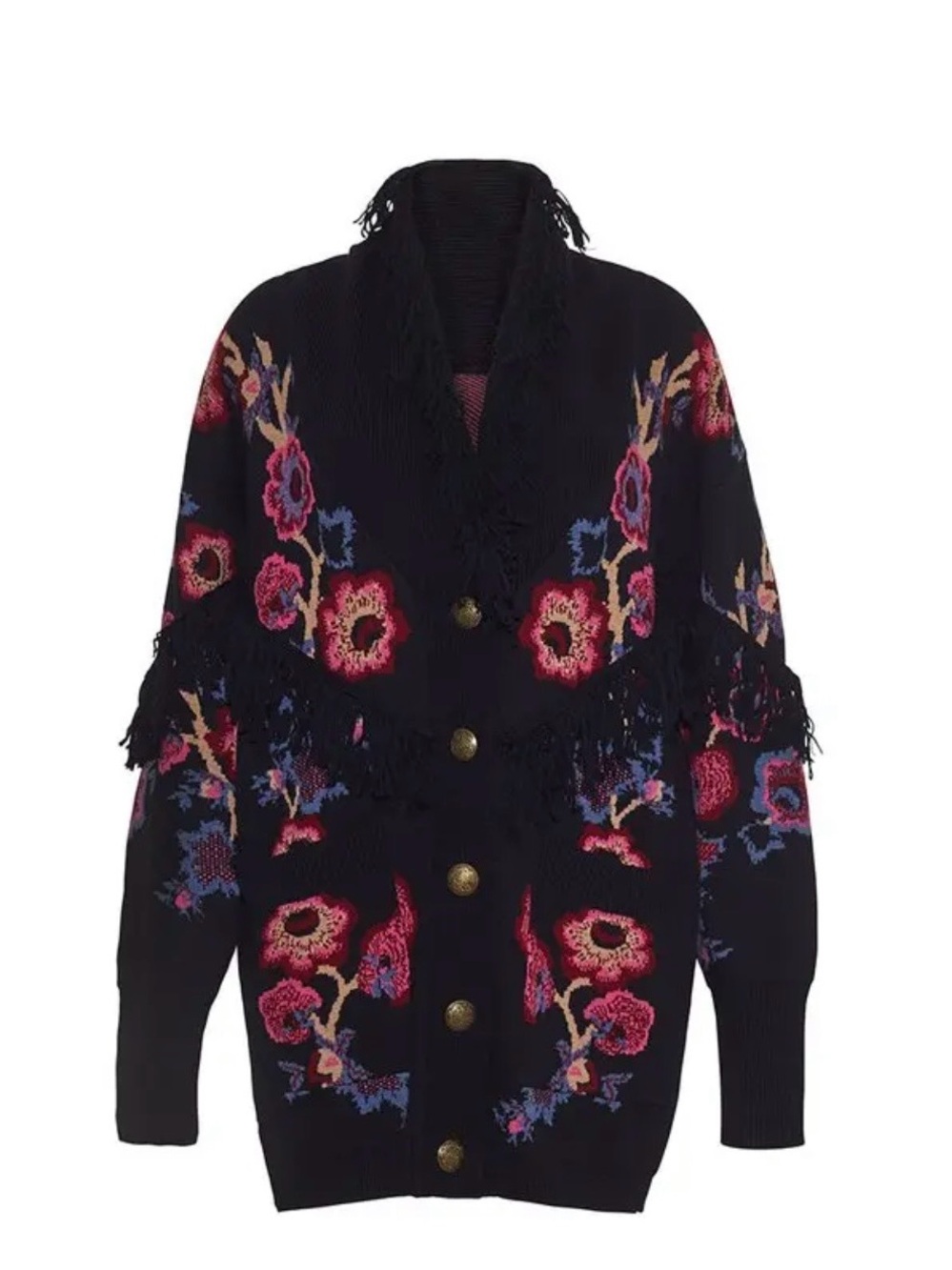 Cara Cara Black Fringed Floral Gemma Cardigan in Baroque